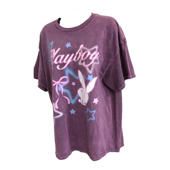 Pink mauve washed cotton blue stars Playboy bunny logo oversized t-shirt size XL - Picture 6 of 12